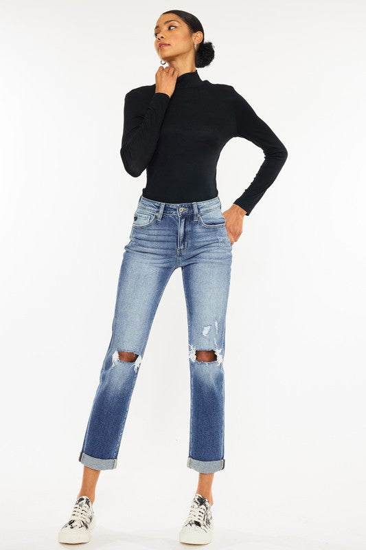 High Rise Hem Detail Slim Straight Jeans